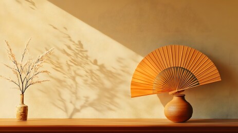 柔光下木桌上的竹扇
