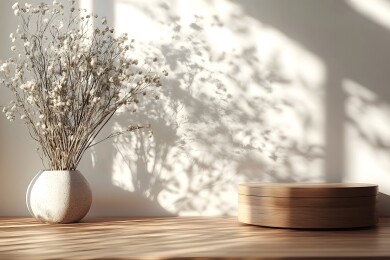 木质桌面上的精美木盒与干花