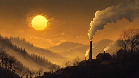 烟囱上升的白烟与古朴建筑