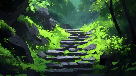 细雨中的青苔石板古道