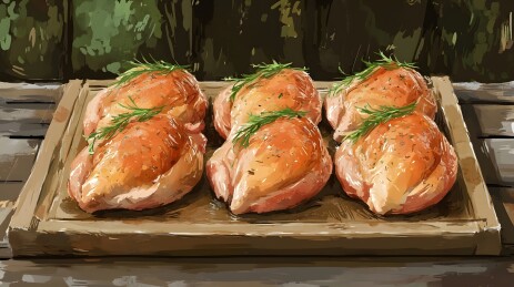 市场摊位上整齐摆放的新鲜粉色鸭肉