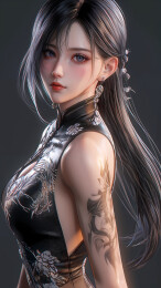 穿黑色露肩装的现代美女