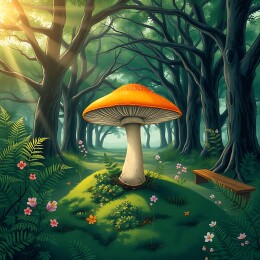 阳光下的神秘蘑菇森林