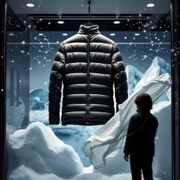 黑色羽绒服展示雪景背景引人注目