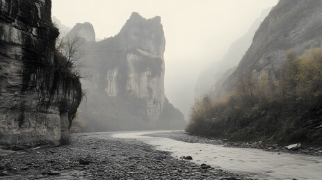 雾锁峡谷清流蜿蜒