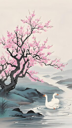 水墨画桃花溪水与鹅