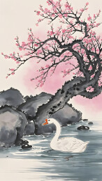水墨画桃花溪水与鹅