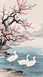 水墨画桃花溪水与鹅