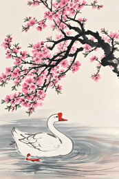 水墨画桃花溪水与鹅