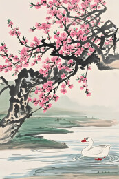 水墨画桃花溪水与鹅