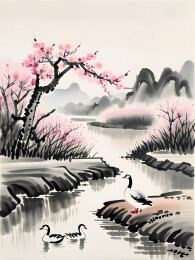 水墨画桃花溪水与鹅
