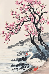 水墨画桃花溪水与鹅