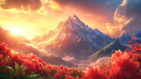 高山杜鹃前景下的雪山日出