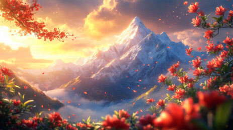 高山杜鹃前景下的雪山日出