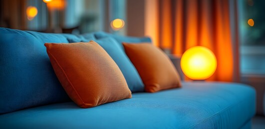 蓝色沙发上的彩色靠枕