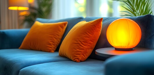 蓝色沙发上的彩色靠枕