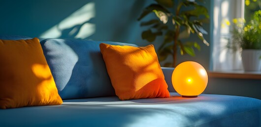 蓝色沙发上的彩色靠枕