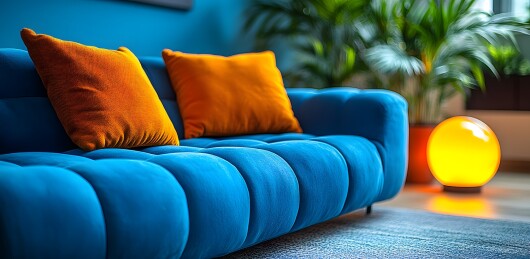 蓝色沙发上的彩色靠枕