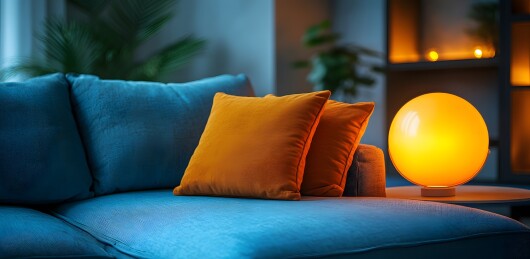 蓝色沙发上的彩色靠枕