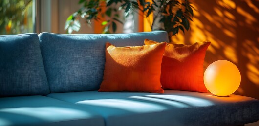 蓝色沙发上的彩色靠枕