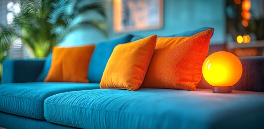 蓝色沙发上的彩色靠枕