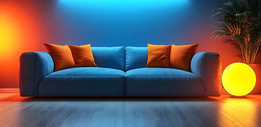 蓝色沙发上的彩色靠枕