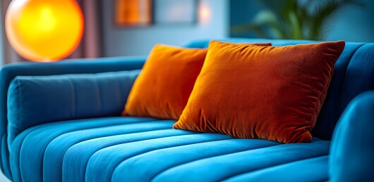 蓝色沙发上的彩色靠枕
