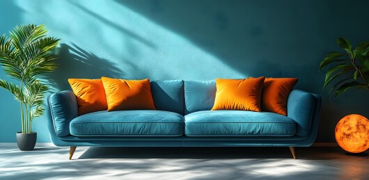 蓝色沙发上的彩色靠枕