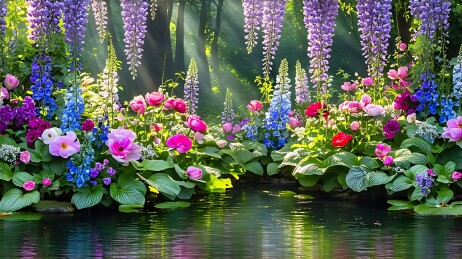 五彩缤纷的花海映照在宁静的水面