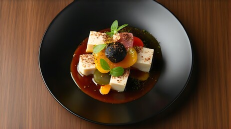 黑盘上的精致甜点