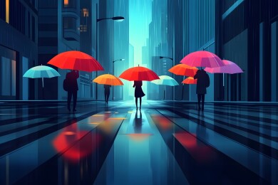 细雨中的斑斓雨伞