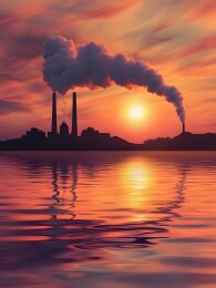 夕阳余晖中的工厂烟囱剪影