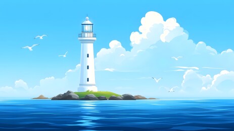 阳光下的灯塔与蔚蓝海景