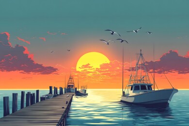 清晨渔村码头的宁静海景