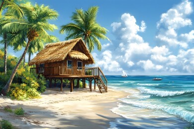 海边茅草屋的宁静时光