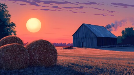 黄昏余晖下的田园稻草堆