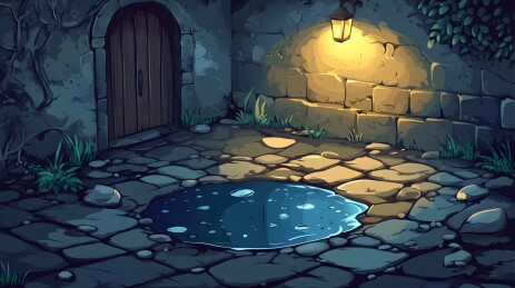 雨夜小巷中的蓝色水洼