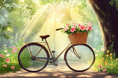 乡间小路上的复古自行车与鲜花