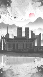 南京中国风水墨城市毛笔建筑水彩画山水城市