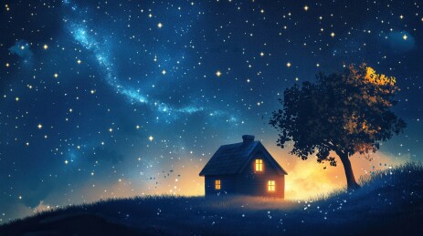 星空下的小木屋与树