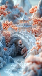 白桥仙境水墨画卷