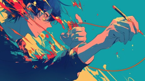 青年艺术家绘画创作过程