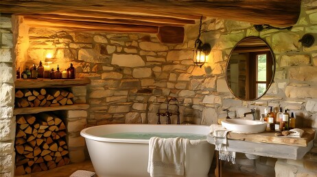 石墙木梁浴缸自然与舒适完美融合