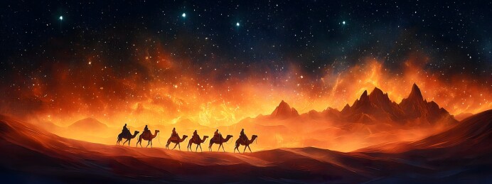 星夜驼队沙漠行