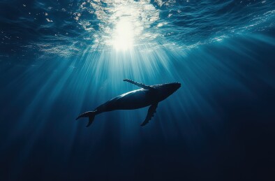 座头鲸在阳光下的海面附近游泳