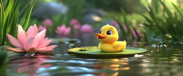 小黄鸭在睡莲上