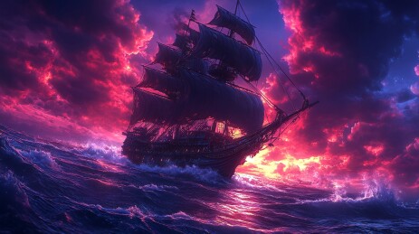 夕阳下的壮阔航海帆船