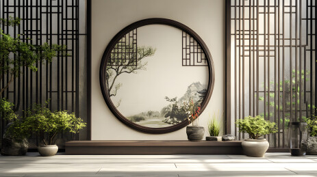 中式典雅装饰含圆窗绿植景致