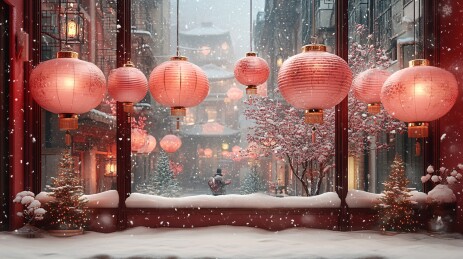 新春佳节雪景窗前
