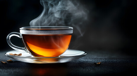 透明杯中的热茶升腾袅袅热气